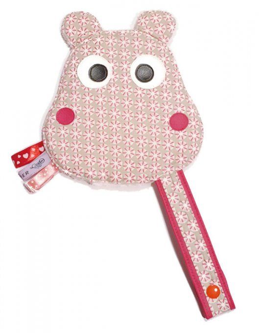 doudou plat hippopotame rose avec attache tétine  