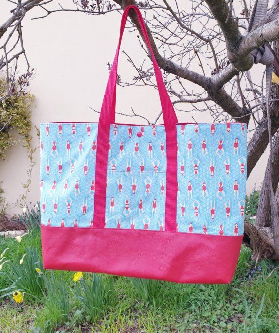 Sac de plage,  de piscine, de courses en coton enduit et simili cuir  