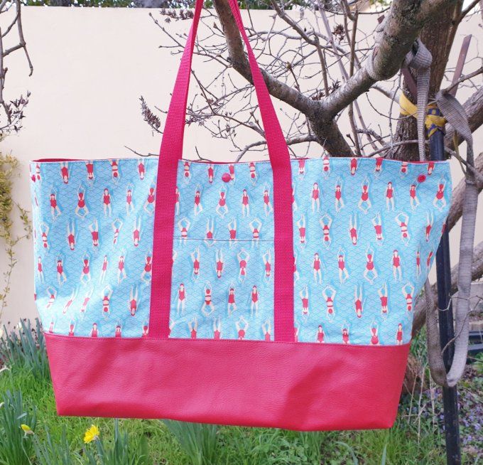 Sac de plage,  de piscine, de courses en coton enduit et simili cuir  