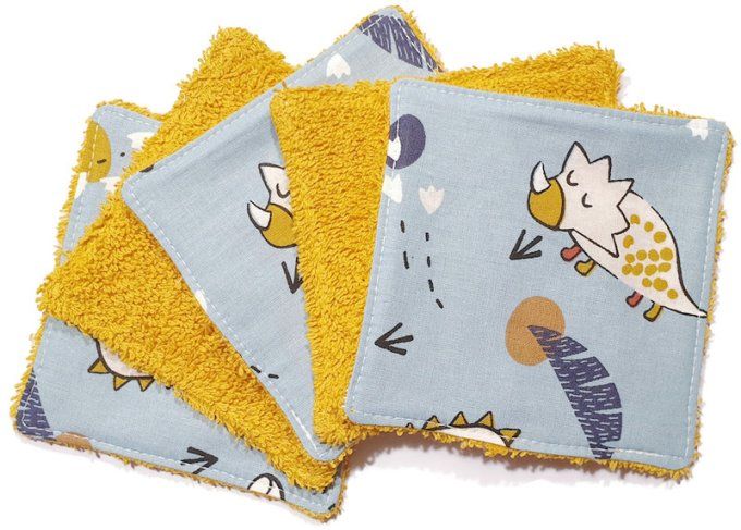 Lot de 5 lingettes lavables pour bébé  "les dinosaures "