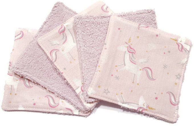 Lot de 5 lingettes lavables pour bébé  "les licornes " 