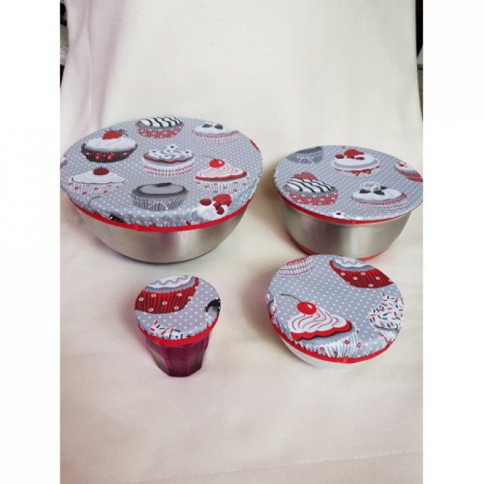 Lot de 4 couvres plats ou charlottes à plat lavables "les cupcakes"