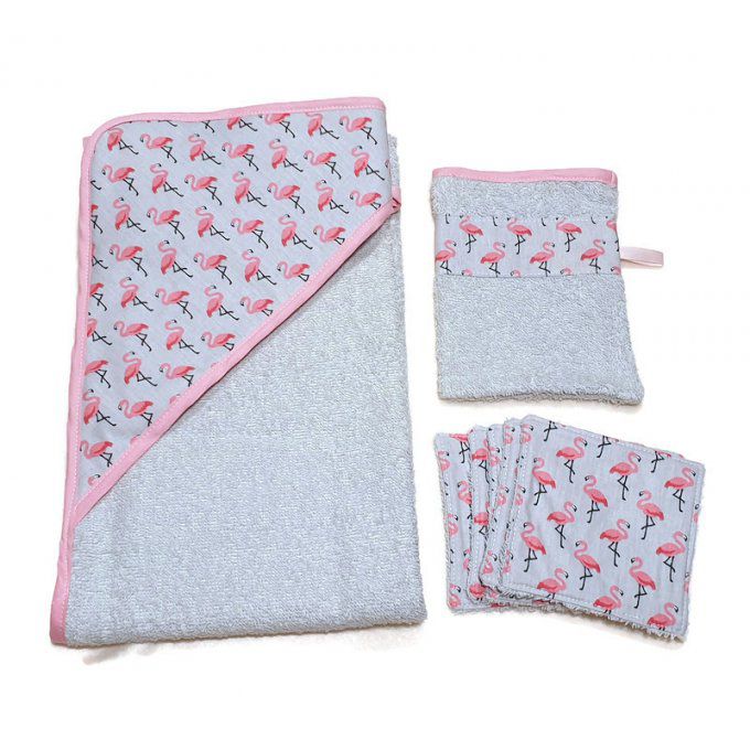 coffret ensemble serviette ,cape de bain bébé "les flamants rose"