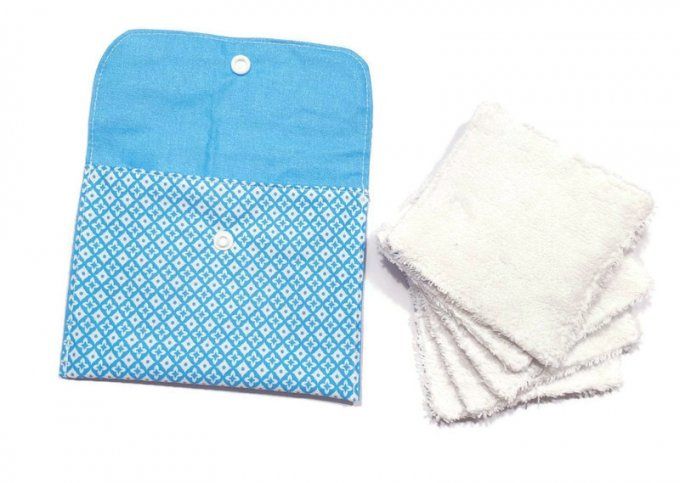 Pochette  et ses 5 lingettes lavables " bleu et blanc"