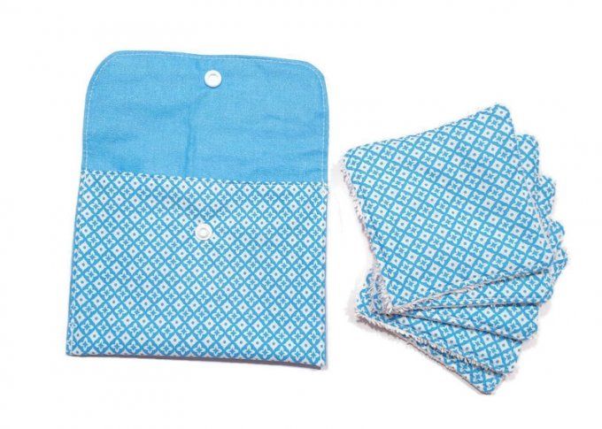 Pochette  et ses 5 lingettes lavables " bleu et blanc"