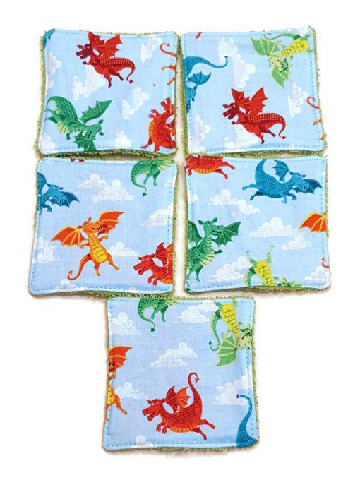 Lot de 5 lingettes lavables pour bébé  "les dragons"