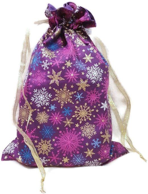 Pochon  de noël, emballage cadeau en tissu violet  et or
