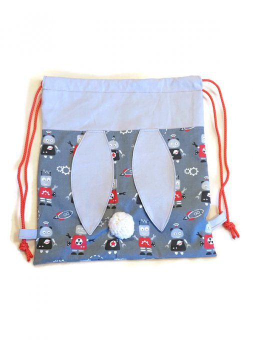 Sac pochon enfant oreilles de lapin "les robots gris"