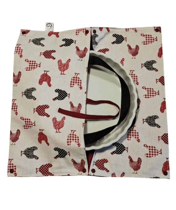 Sac de transport pour tartes ou cakes "les poules en noir et bordeaux"