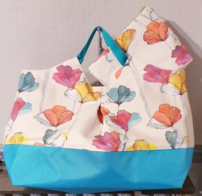 Ensemble sac panière et sa pochette  "dans les près"