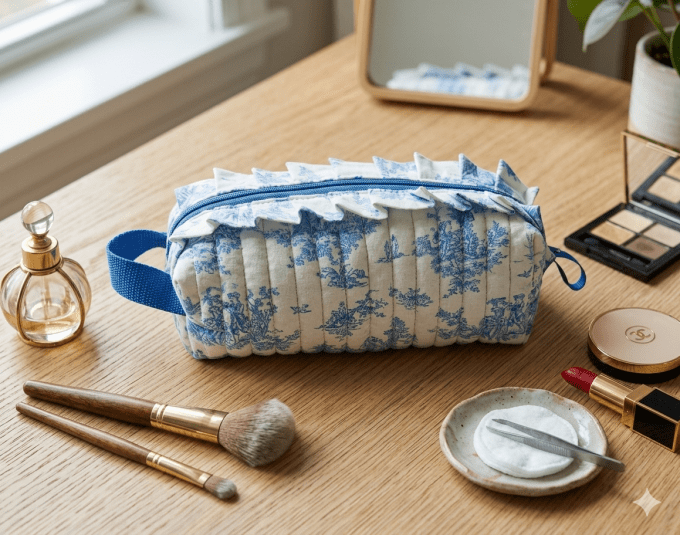 Trousse à maquillage, de toilette " style Jouy gris "