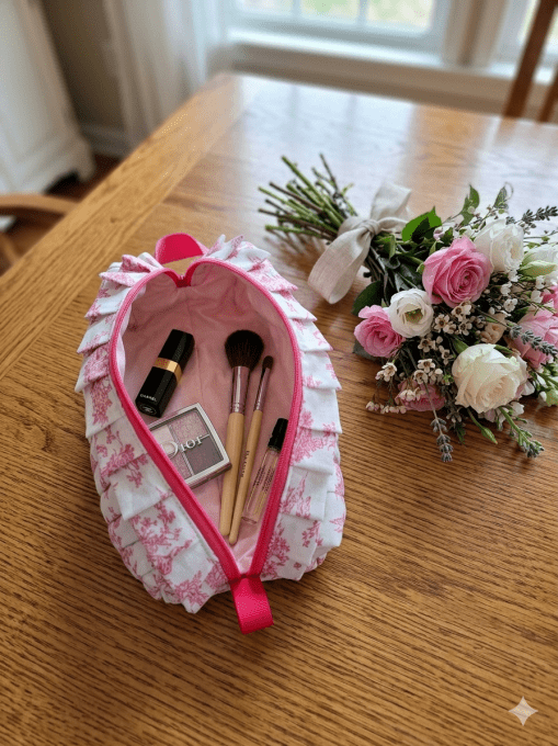 Trousse à maquillage, de toilette " style Jouy rose "