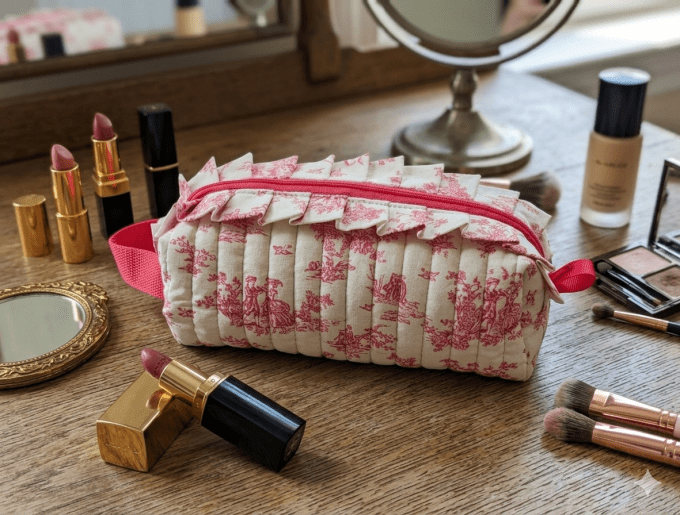 Trousse à maquillage, de toilette " style Jouy rose "